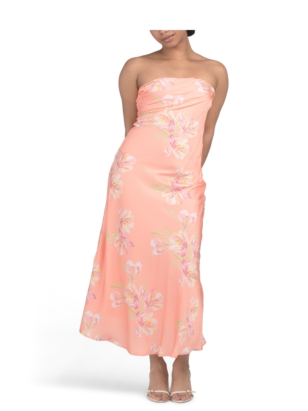 NWOT Strapless Floral Peach/Coral Satin Dress